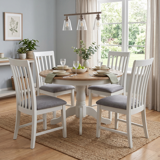 Dining room view for the Hamilton set of 4 dining chairs, highlighting the premium hand-painted grey finish, durable solid wood build, and timeless farmhouse aesthetic.