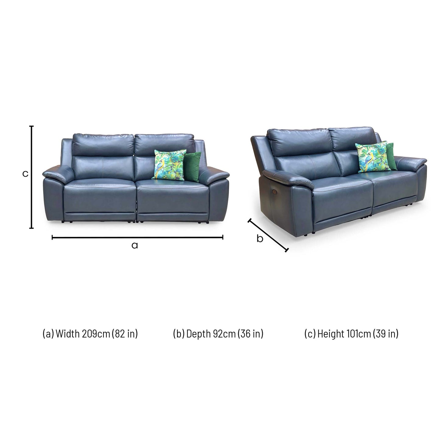 Dimension Image Alt Text Dimensions for the Furniture Village ‘Utah’ Natural Milled Navy Leather 3 Seater Power Recliner Sofa