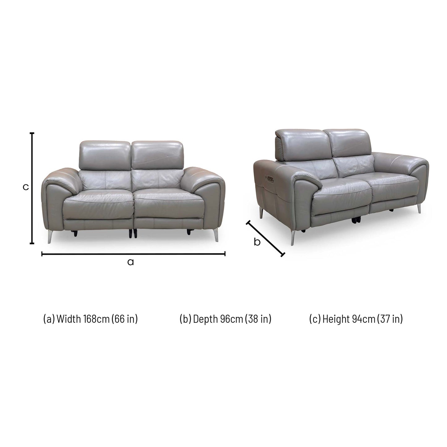 Dimensions for the Furniture Village ‘Vino’ Elephant Leather 2 Seater Power Recliner Sofa with Power Headrests and Heated Seats