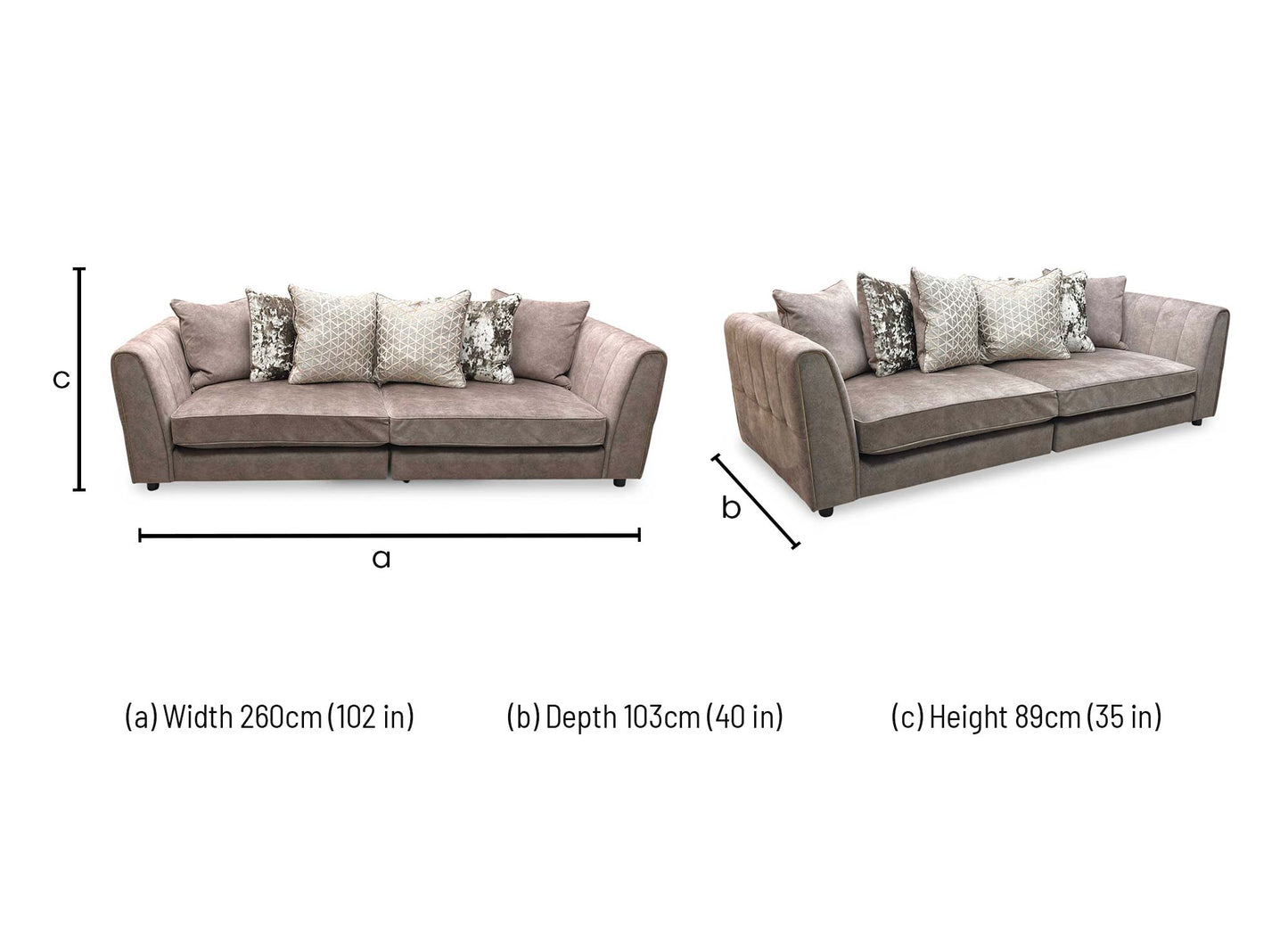 'Mariah' Dapple Velvet Chocolate-Tri Brass Insert Velvet Pillow Back 4 Seater Split Frame Sofa
