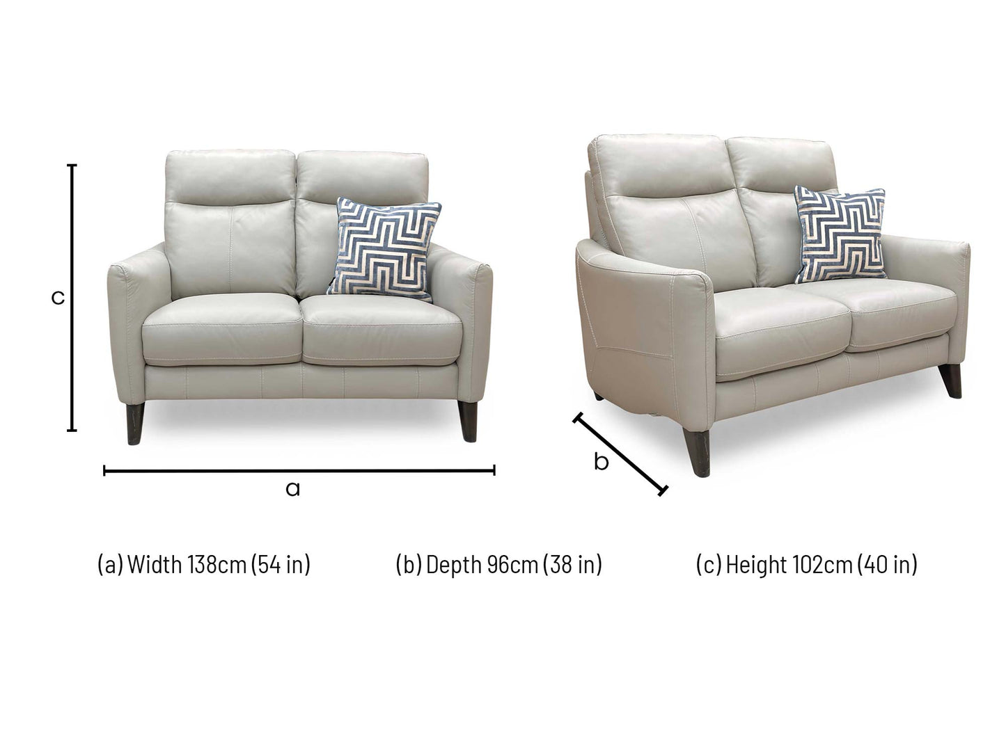 Dimensions diagram for the Petit 2 seater sofa.