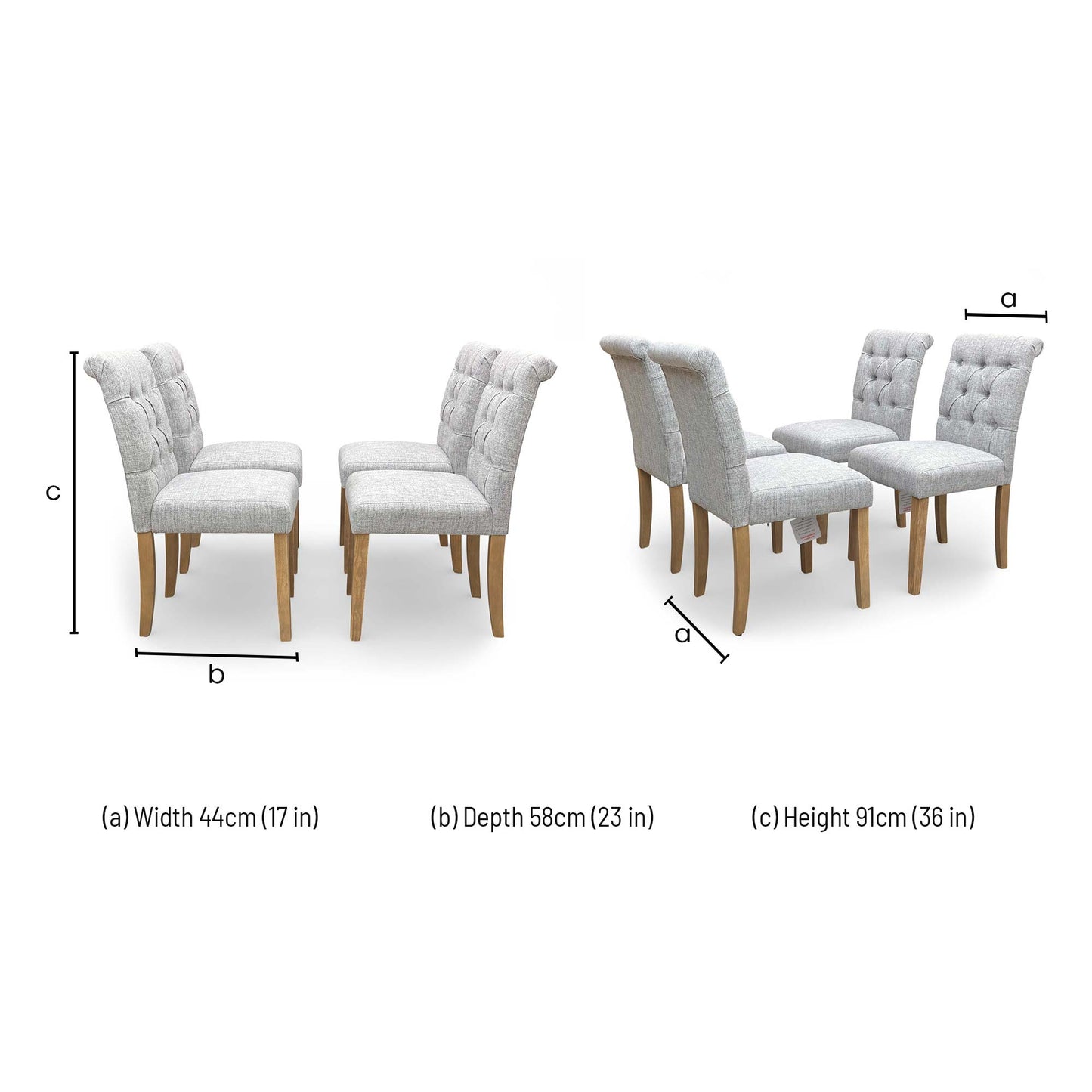 ‘Lewis’ Mist Grey Fabric Button Back Roll Back Dining Chairs