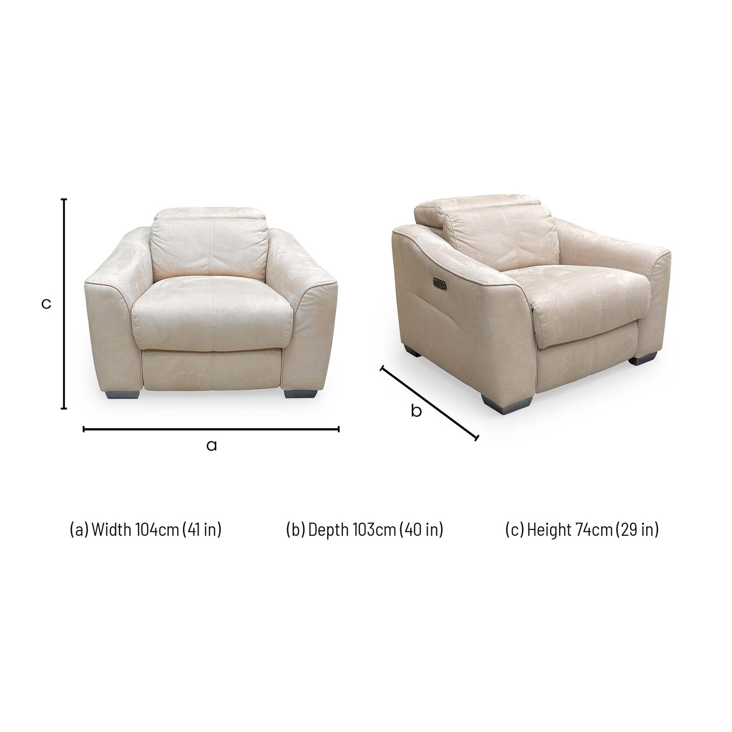 Dimensions for the Furniture Village World of Leather ‘Xavier’ Bisque Cream Suede Power Recliner Chair