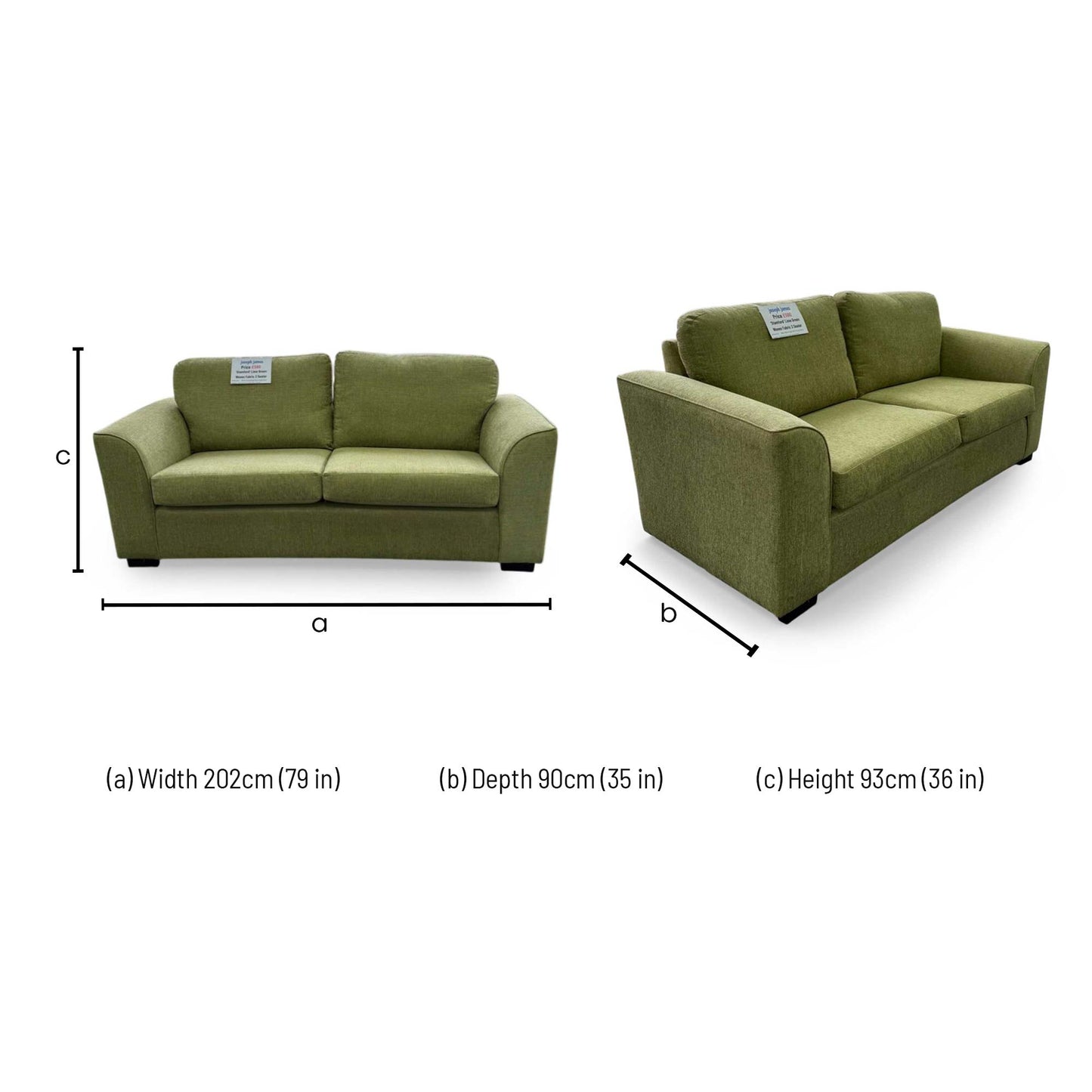 Dimensions for the Thornbrook ‘Stamford’ Lime Green Woven Fabric 3 Seater Sofa.
