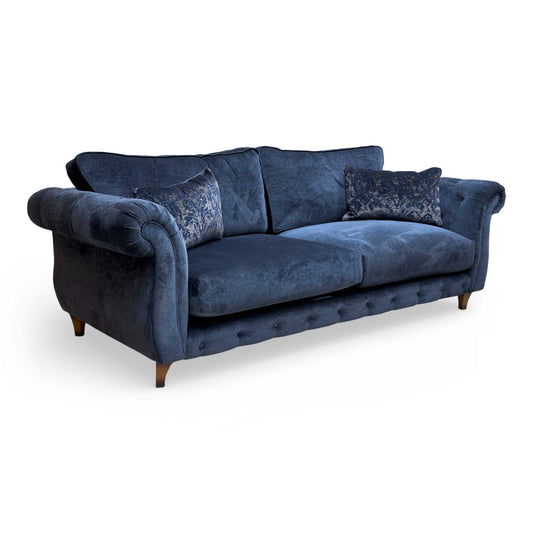 Palace Derwent Denim Navy Fabric Classic Back 4 Seater Sofa, angled 3/4 studio view