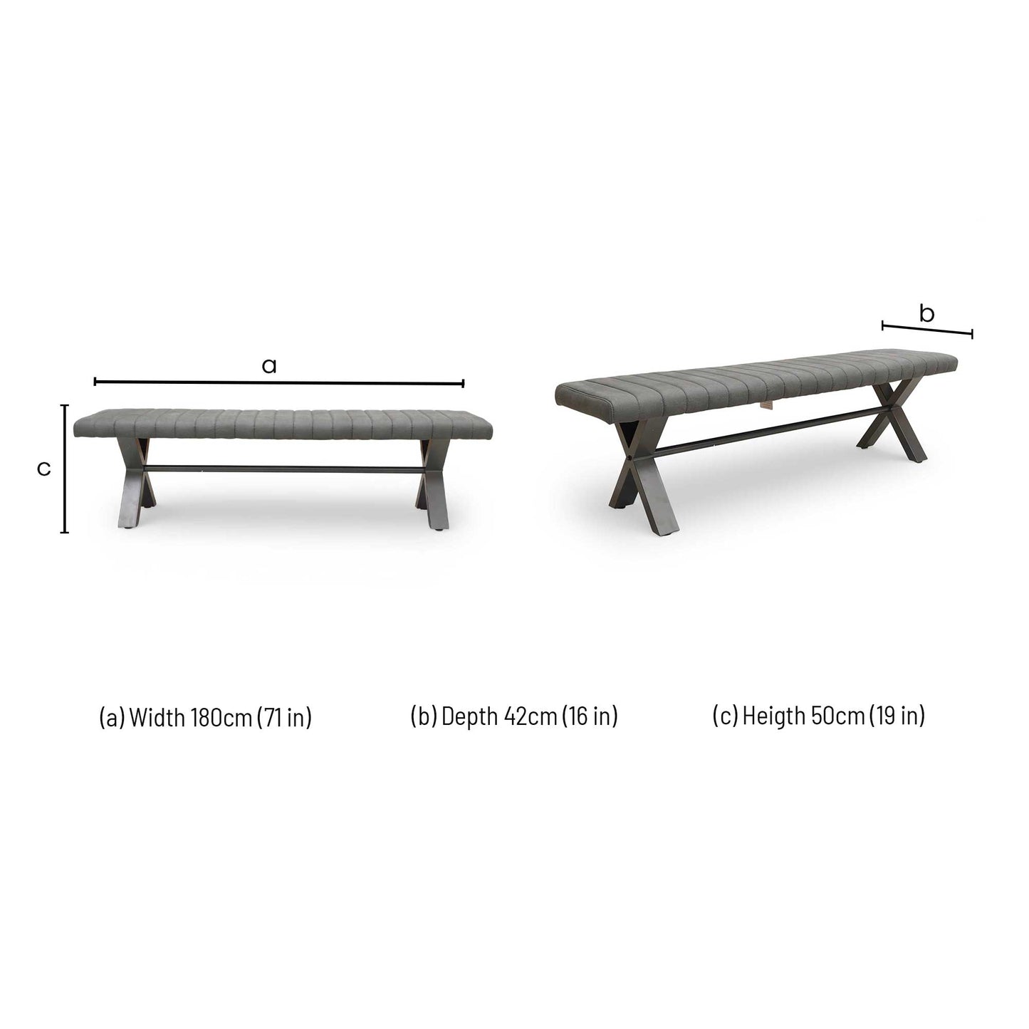 Dimensions for the 'Moon' Dark Grey Faux Leather Dining Bench