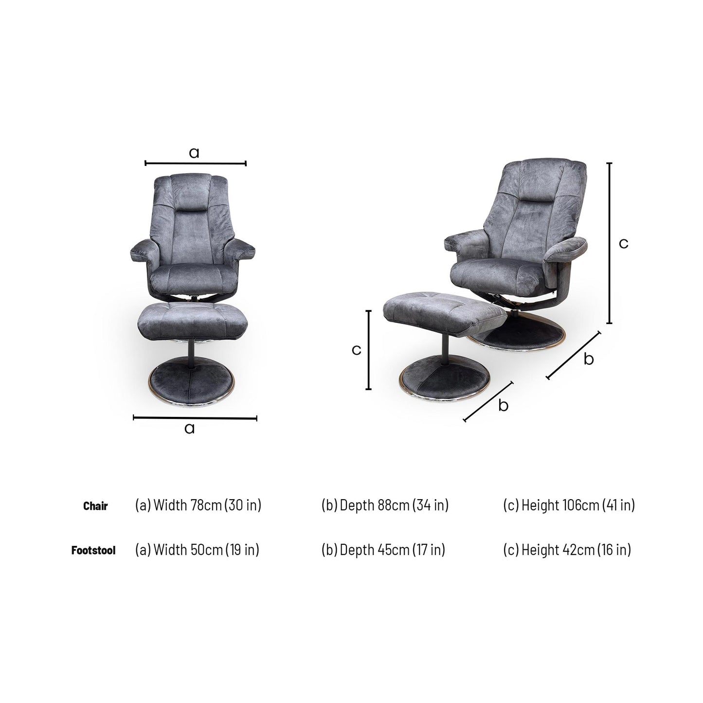 Dimensions for the Furniture Village ‘Troyes’ Liqourice Charcoal Velvet Fabric High-Back 360 Swivel Chair and Footstool.
