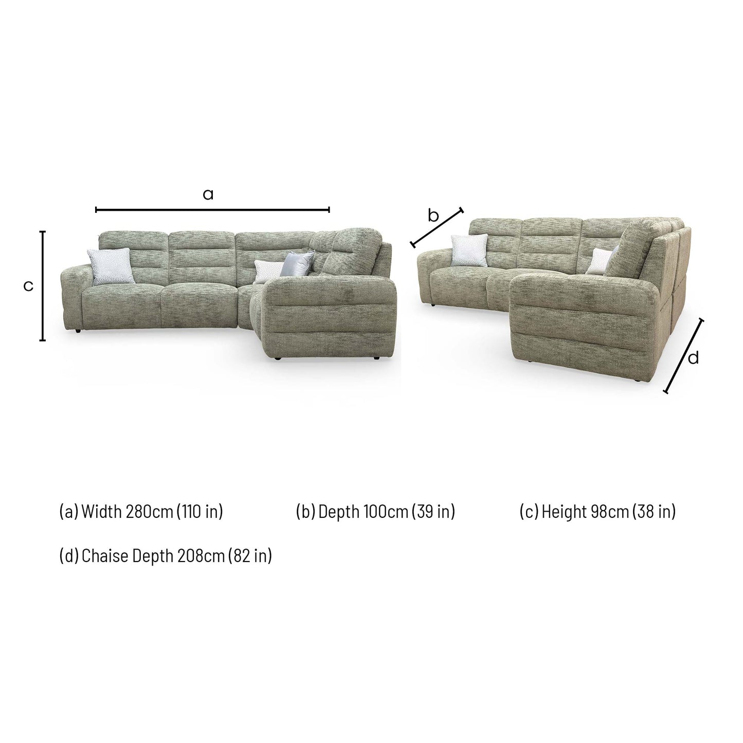Dimensions for the ‘Melody’ Olive Green Woven Fabric High Back Corner Sofa