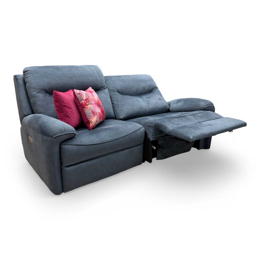 Full view of the G Plan 'Amesbury' 3-seater power recliner sofa in Midnight Blue velvet, featuring power headrests and power lumbar support.