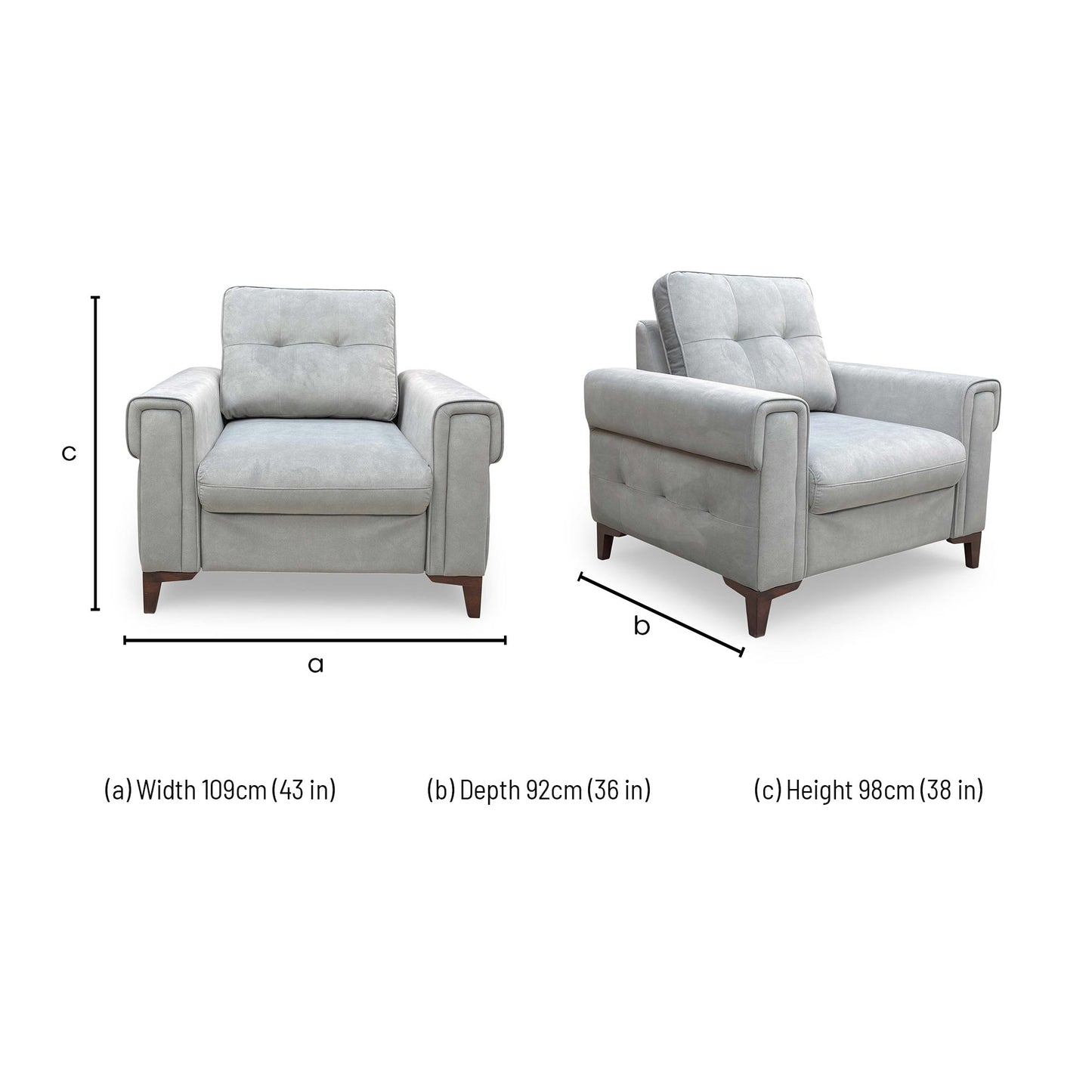 Dimensions diagram for the 'Zoom' Nappe Grey Velvet Chair Sofa Bed.