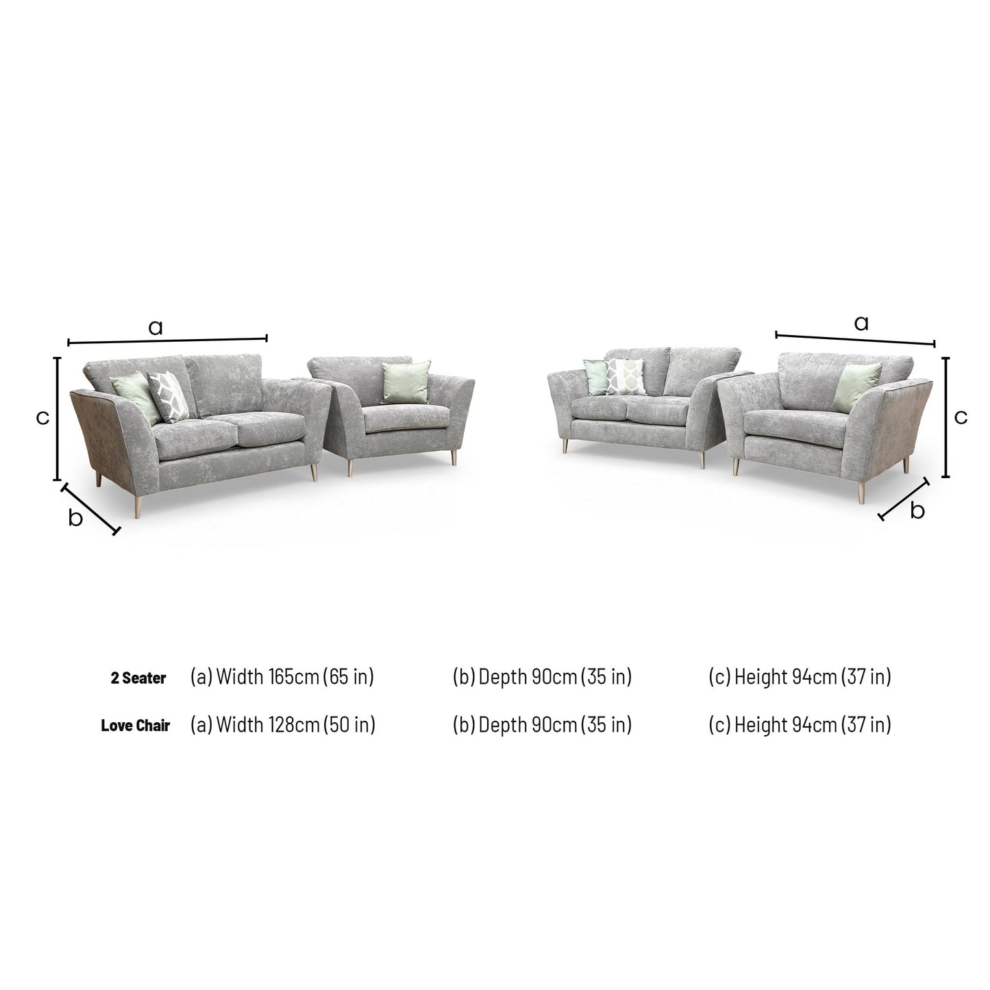 Dimensions for the ‘Lana’ Kingston Grey Fabric 2 Seater Sofa + Love Chair.
