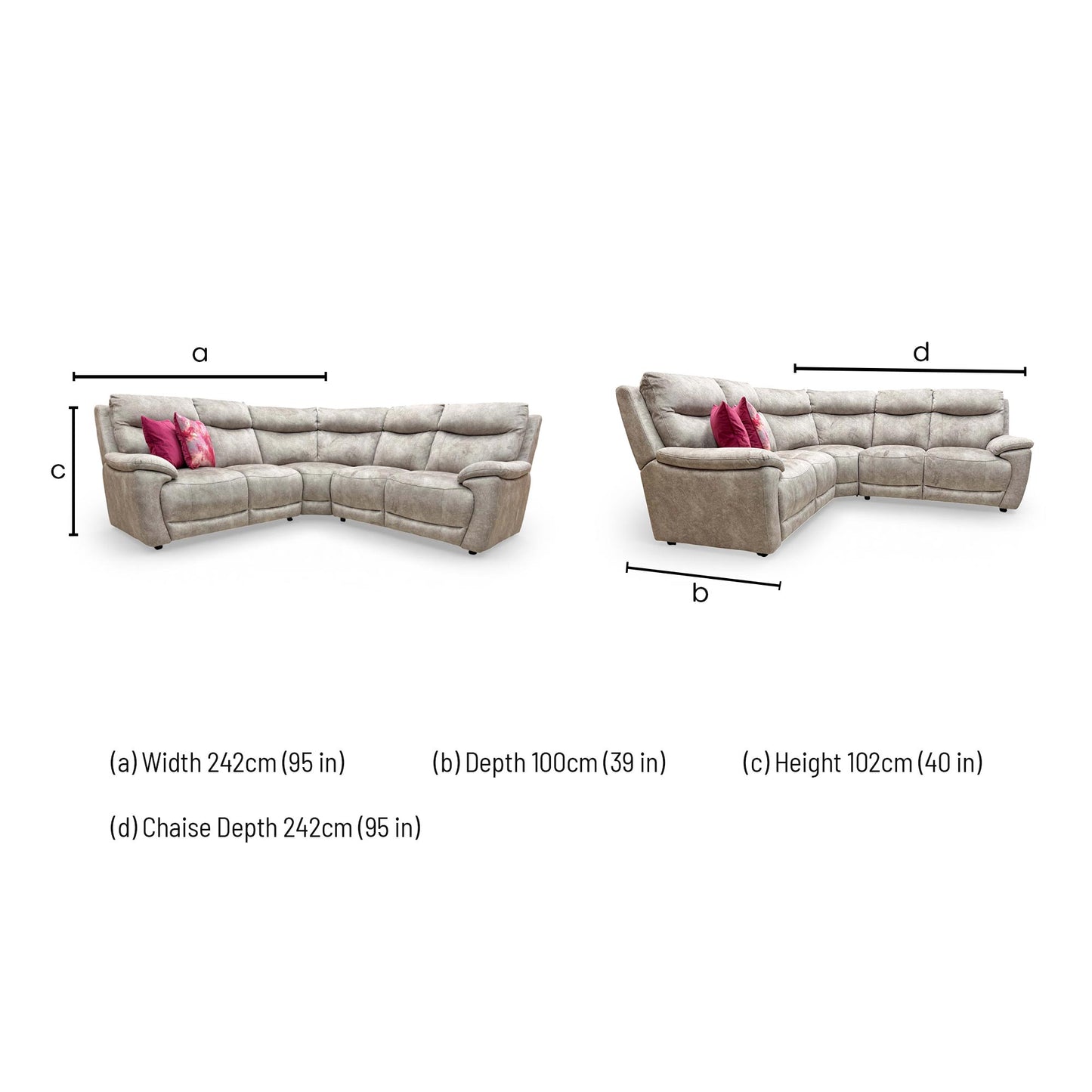Dimensions for the Furniture Village ‘Sloane’ Marble Charcoal Grey Velvet Large Corner Sofa.