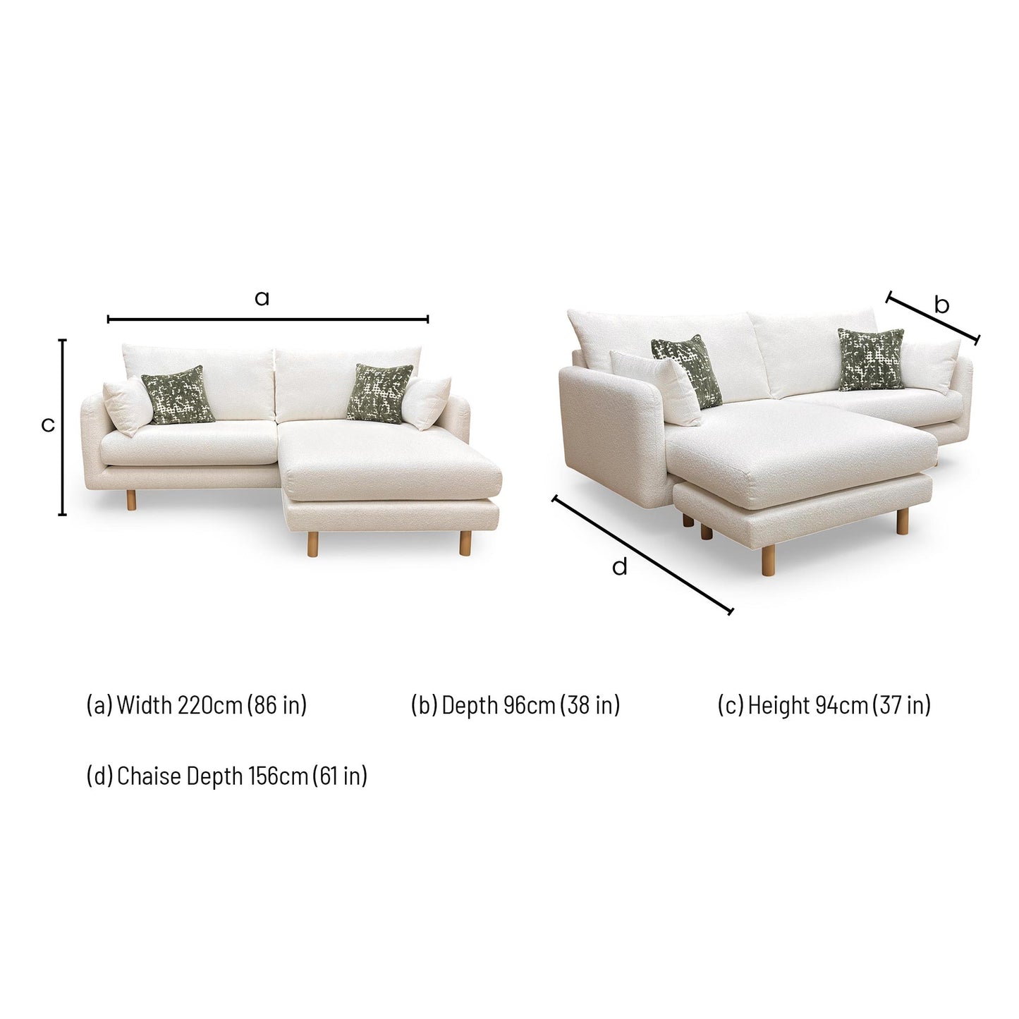 Technical dimension drawing: 220cm width, 96cm sofa depth, 156cm chaise depth, and 94cm height.