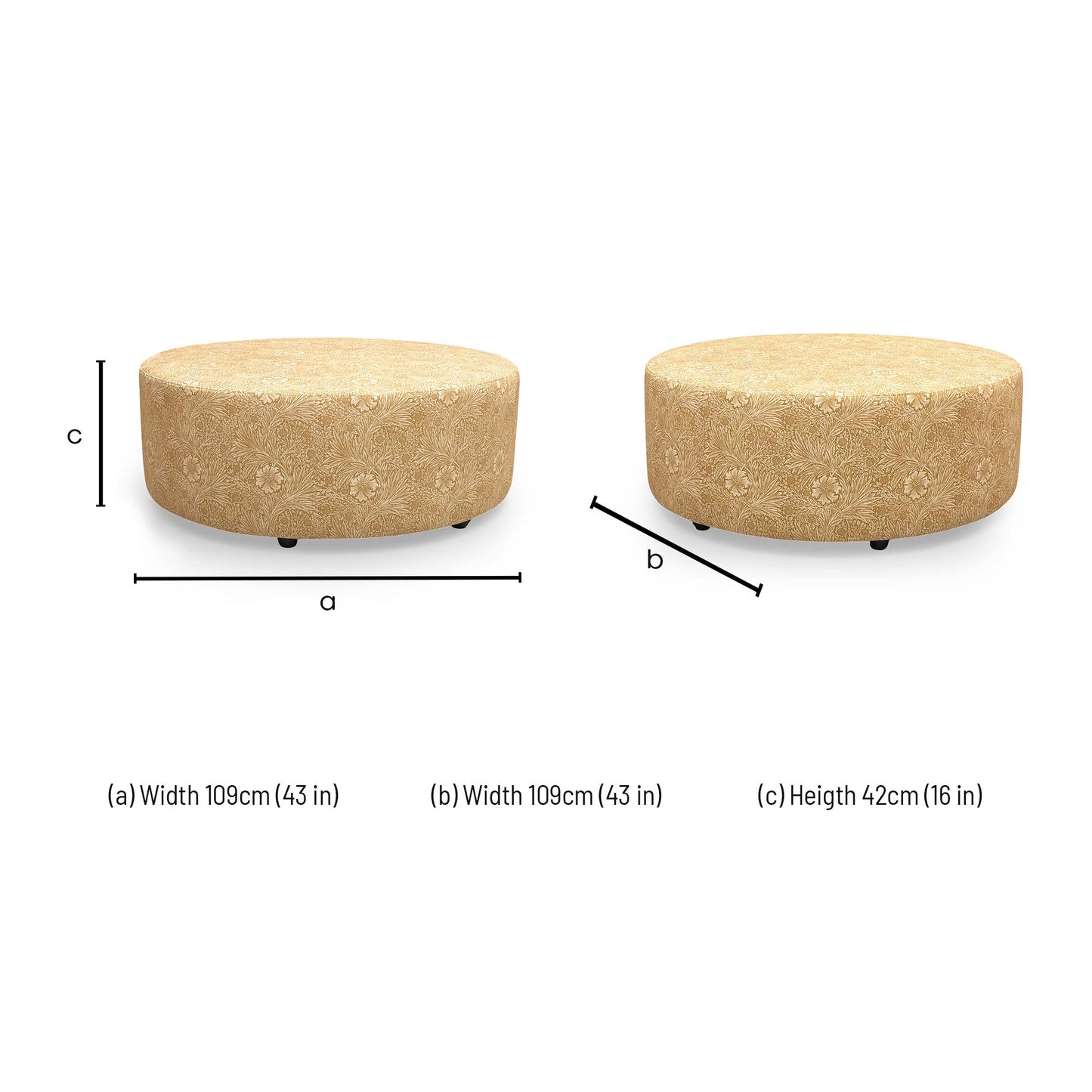 Dimensions for the Sofology ‘Iris’ Yellow Velvet Floral Patterned Footstool.