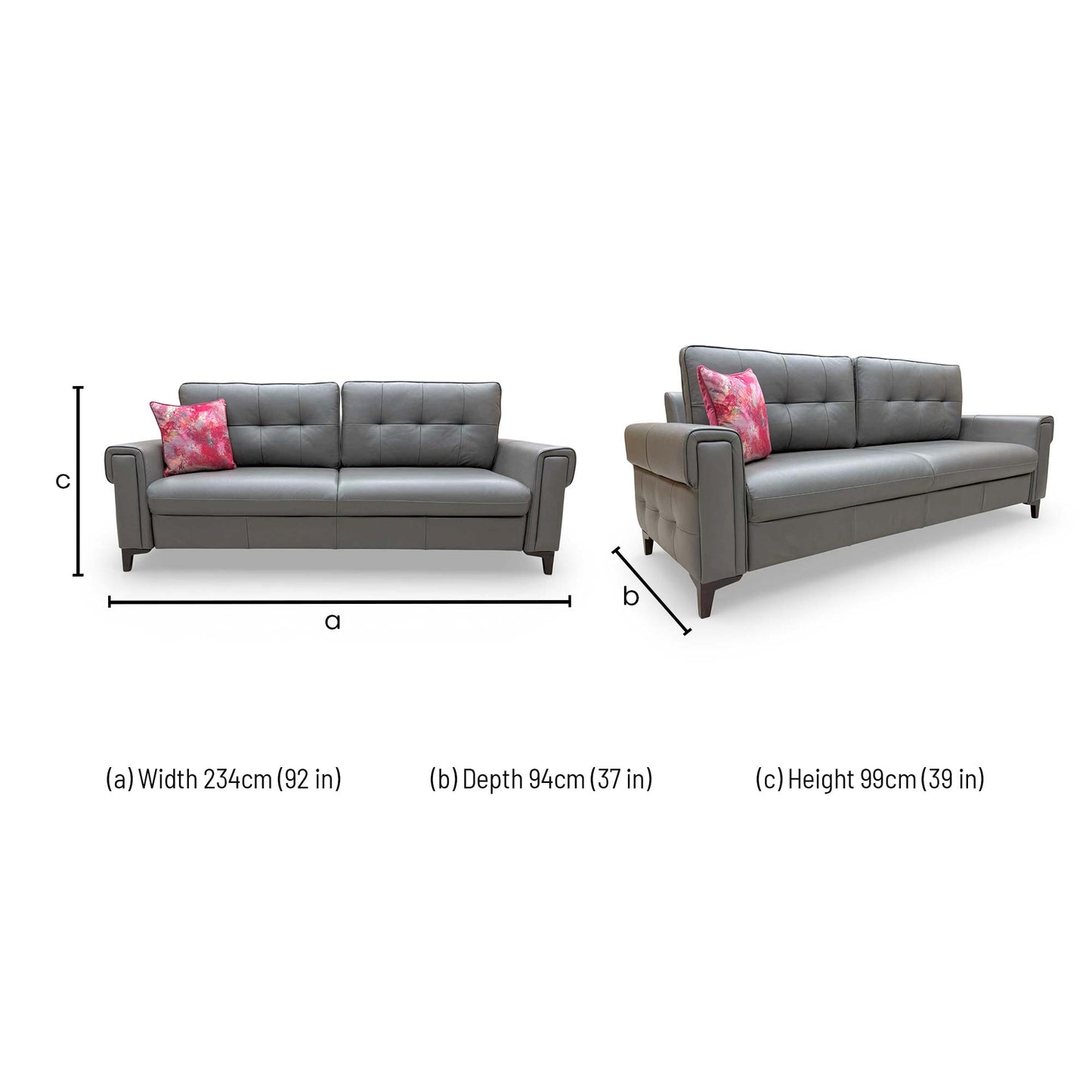 Dimensions for the 'Zoom' Grey LE-9308 Leather 3 Seater Sofa Bed.