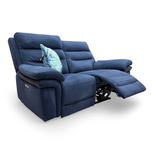 Full view of the Furniture Village 'Berlin' Navy Blue 2-seater velvet power recliner sofa with power headrests