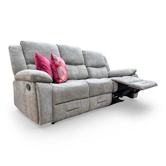 Full view of the ‘Weston’ 3-seater manual recliner sofa in mocha tight weave fabric, featuring independent reclining end seats and a contemporary, comfortable design.