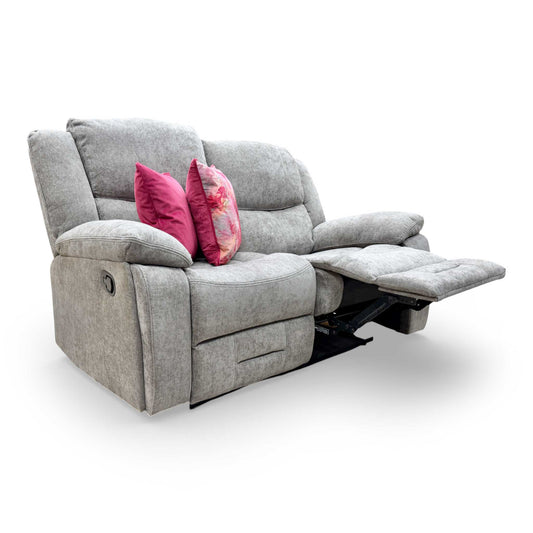 Full view of the ‘Weston’ 2-seater manual recliner sofa upholstered in mocha tight weave fabric, featuring a contemporary design with deep cushioning and independent reclining seats.