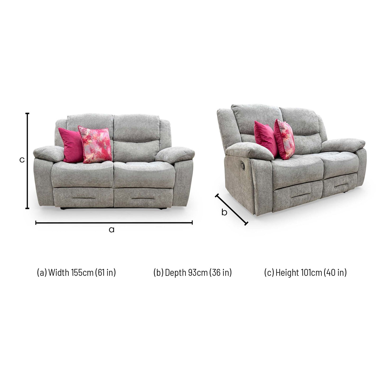 Dimensions for the ‘Weston’ Mocha Tight Weave Fabric 2 Seater Manual Recliner Sofa.