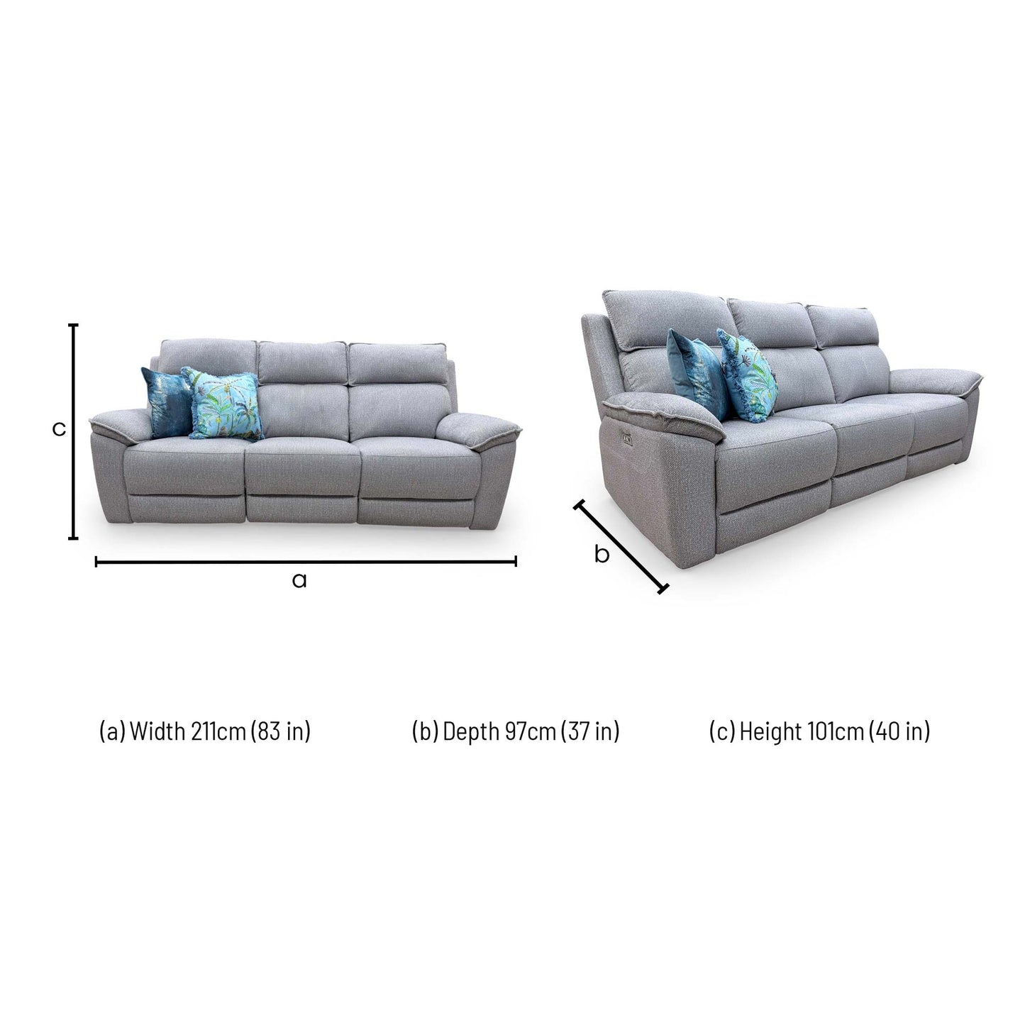 Dimensions for the 'Blaine' Greige Thick Woven Fabric 3 Seater Power Recliner Sofa.