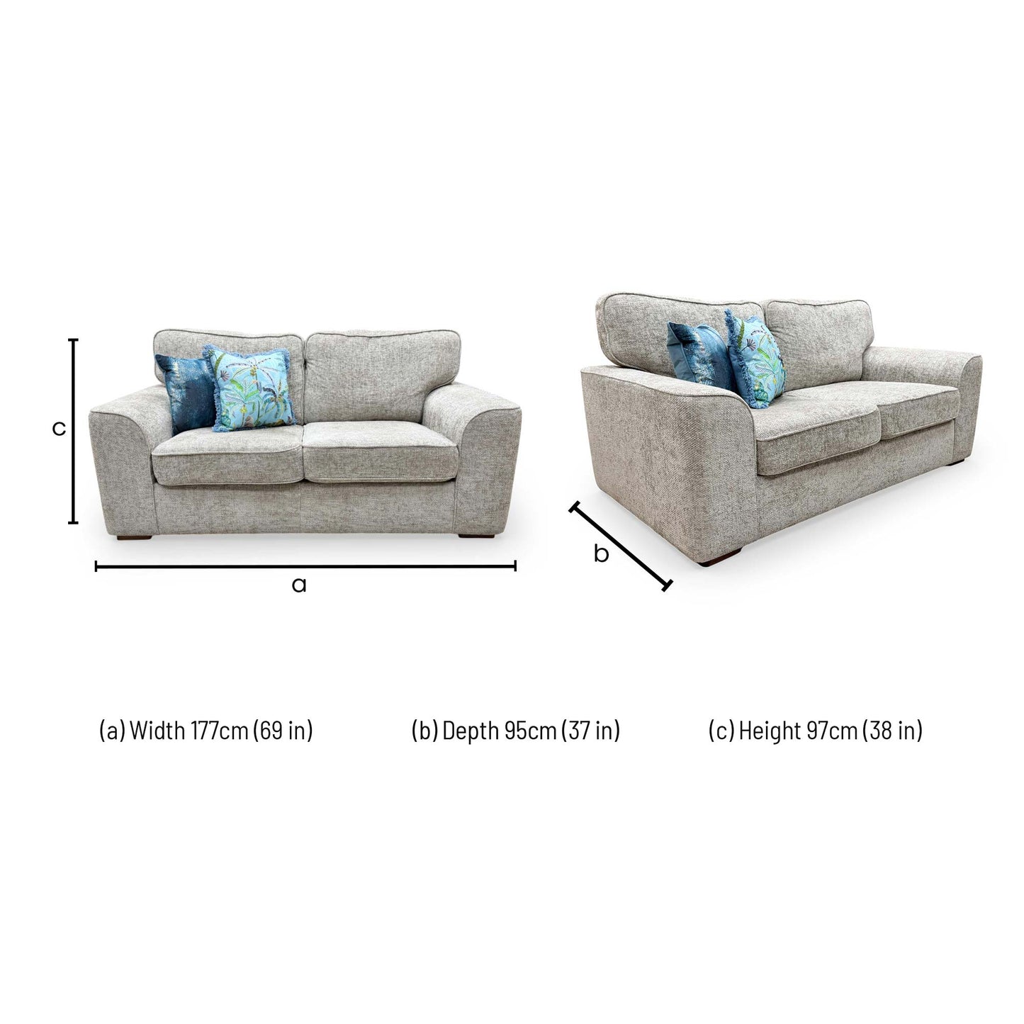 Dimensions for the 'Emilia' Silver Fabric 2 Seater Sofa Bed.
