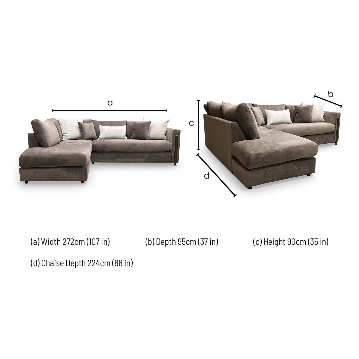 Dimensions for the ‘Barney’ Espresso Brown Towel Velvet Left Hand Facing Chaise Corner Sofa.