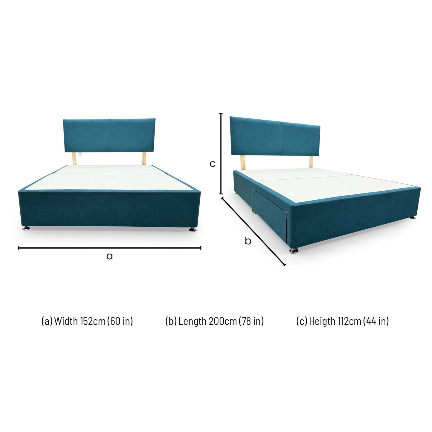 Dimensions for the Highgrove ‘Bella’ Venice New Teal Fabric Headboard + 2 Drawer Divan Base - King.