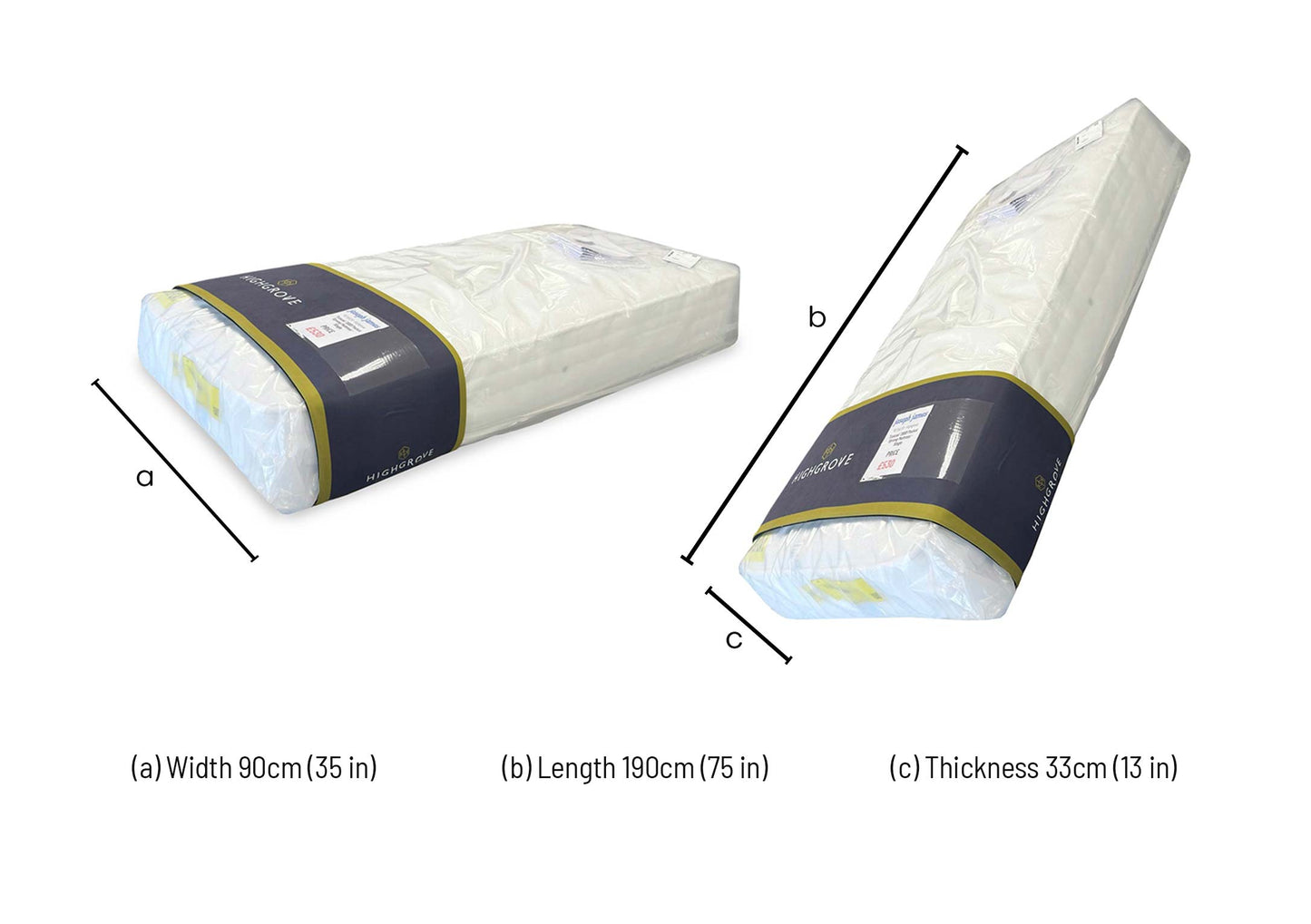 Technical dimension diagram for the Tuscan 2000 Pocket Sprung Single Mattress: Width 90cm, Length 190cm, Depth 25cm.