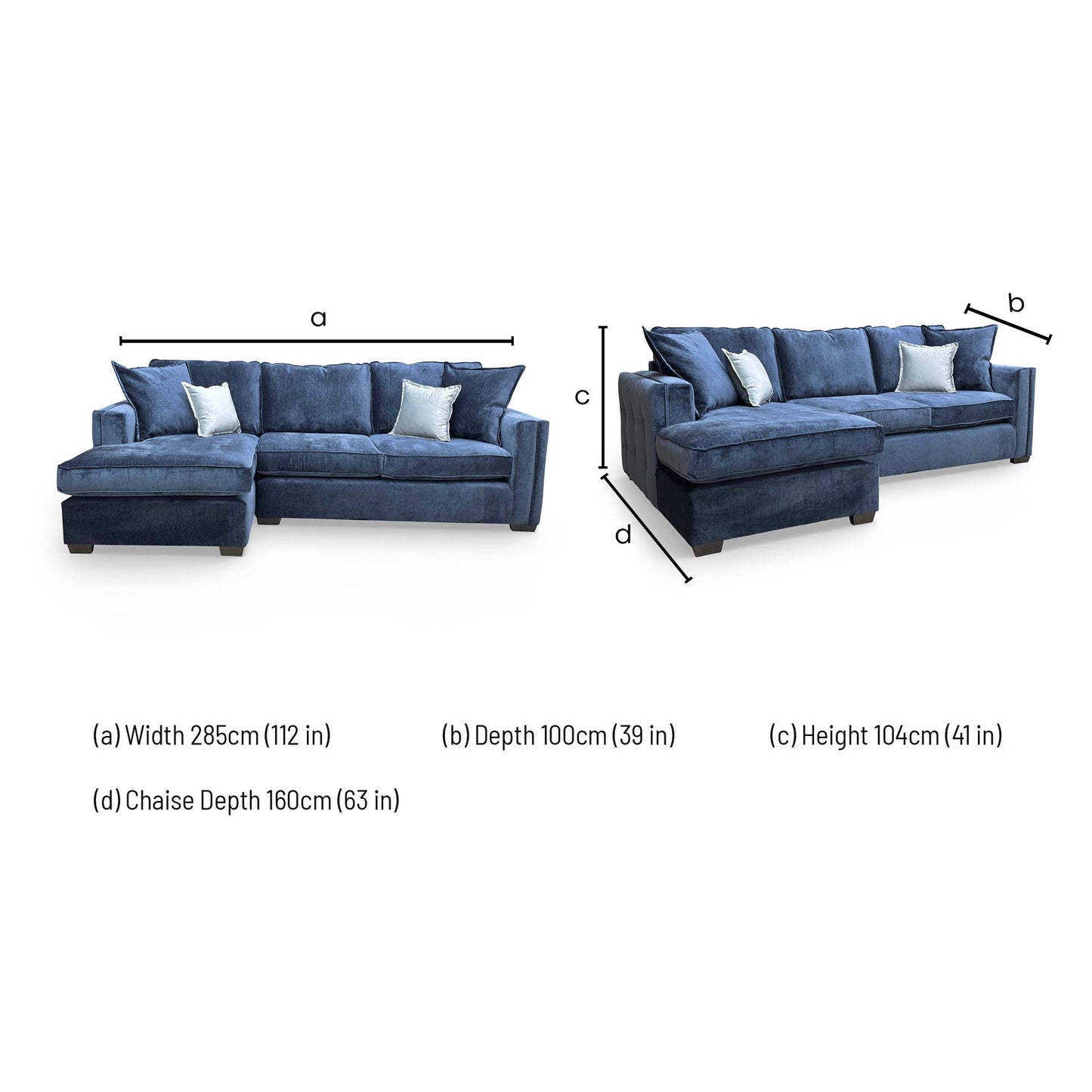 Dimensions for the ‘Chelsea’ Meridian Truffle Soft Weave Fabric Large Left Hand Facing Open End Corner Chaise.