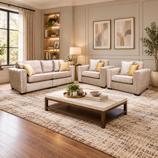 Chelsea beige velvet 4 seater sofa and two snuggler chairs in a living room around a stone coffee table