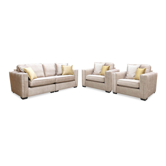 Chelsea beige velvet 4 seater split frame sofa with the two snuggler chairs from the set, angled cut-out
