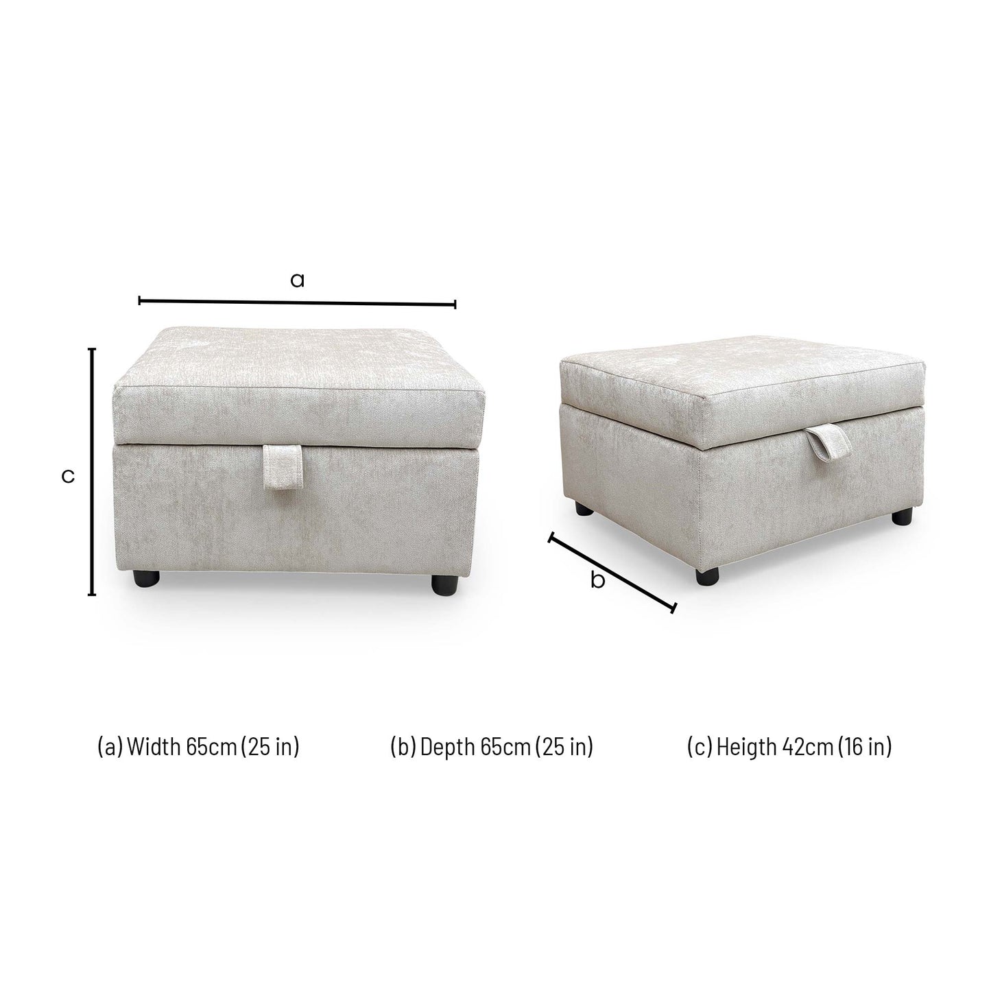 Dimension diagram for the ‘Harvey’ Truffle Derwent Soft Weave Fabric Storage Footstool.