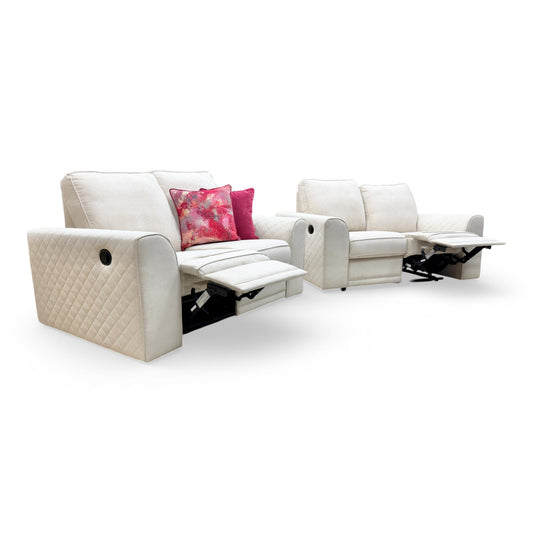 Full view of the DFS ‘Orka’ 2+2 Seater Sofa Set in Cream Plaza Linen fabric, featuring two matching 2-seater manual recliner sofas.