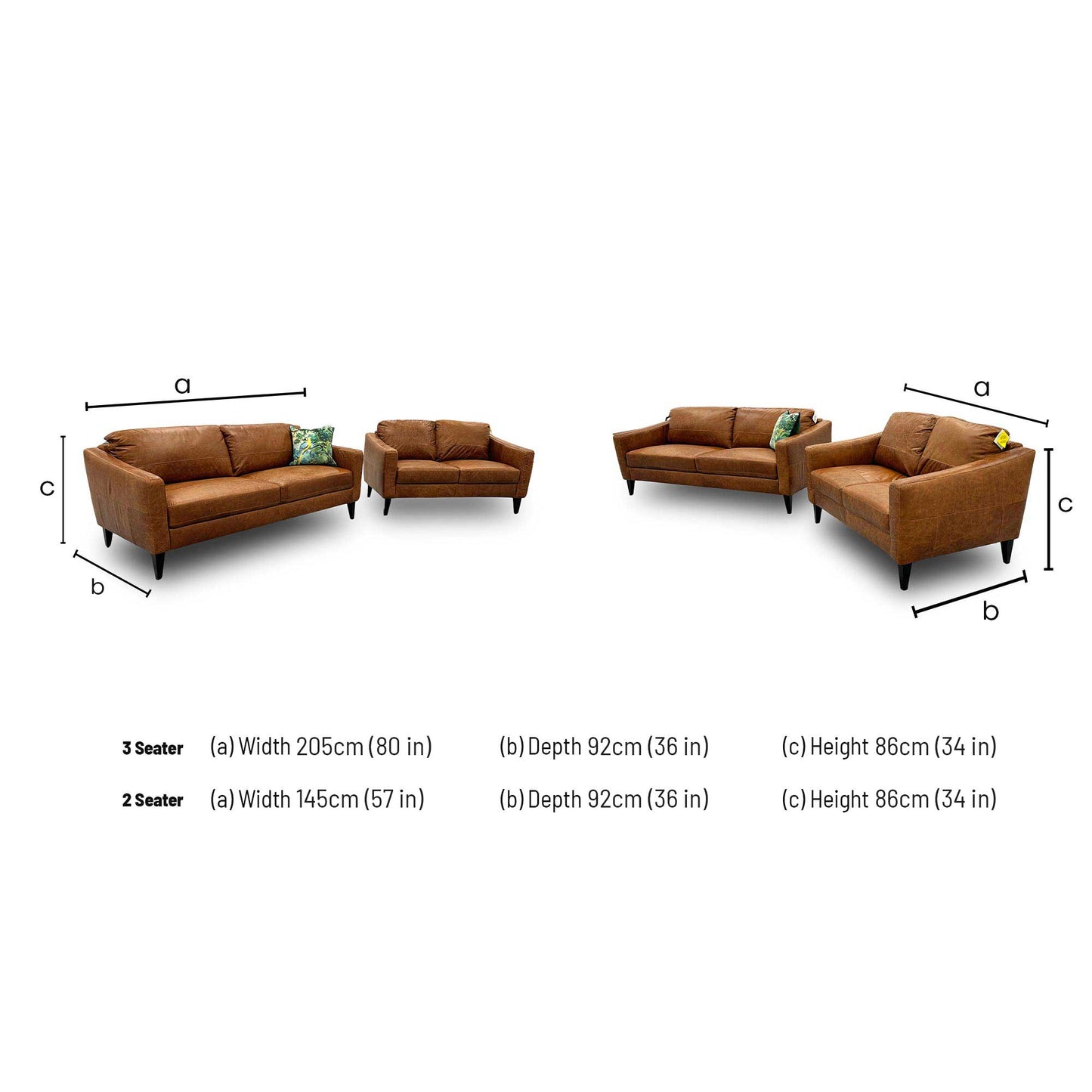 Dimensions for the ‘Oslo’ Teak Italian Distressed Leather 3 + 2 Seater Sofa Set.