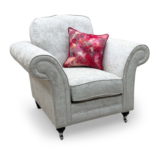 Front view of the Fabb 'Melody' armchair in luxurious pearl chenille fabric, featuring a plush, structured design and neutral tones for modern interiors.