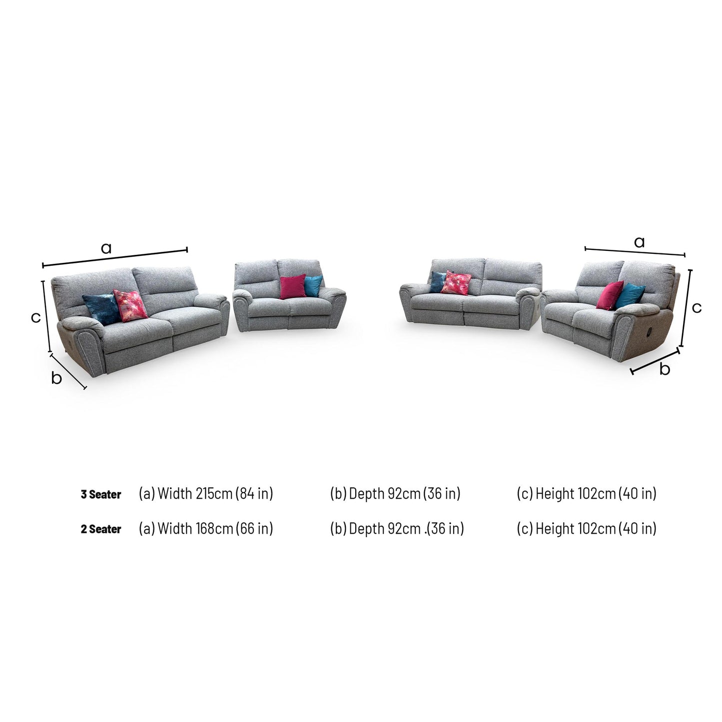 Dimension diagram for the Fabb 'Willow' Grey Fabric Recliner Set.