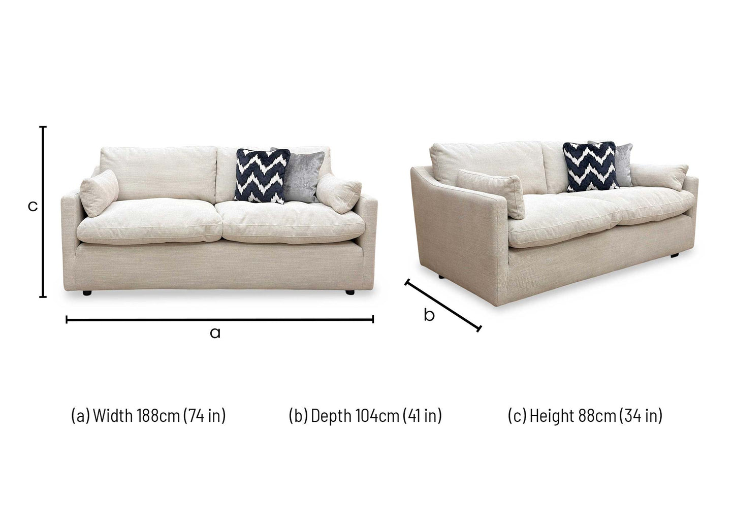 Technical dimension graphic illustrating the width, depth, and height of the Dream 2 seater.