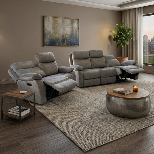 ‘Brystol’ Dapple Grey Velvet 3 + 2 Seater Power Recliner Sofa Set with Drop Down Cup Holder