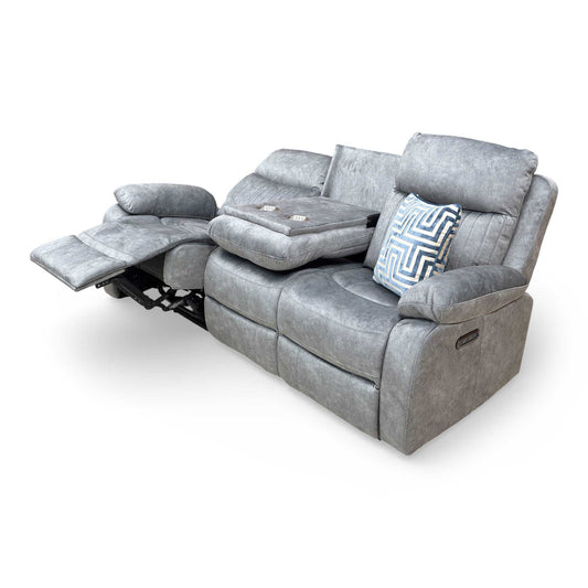 'Brystol' Dapple Grey Velvet 3 Seater Power Recliner Sofa with Drop Down Cup Holder