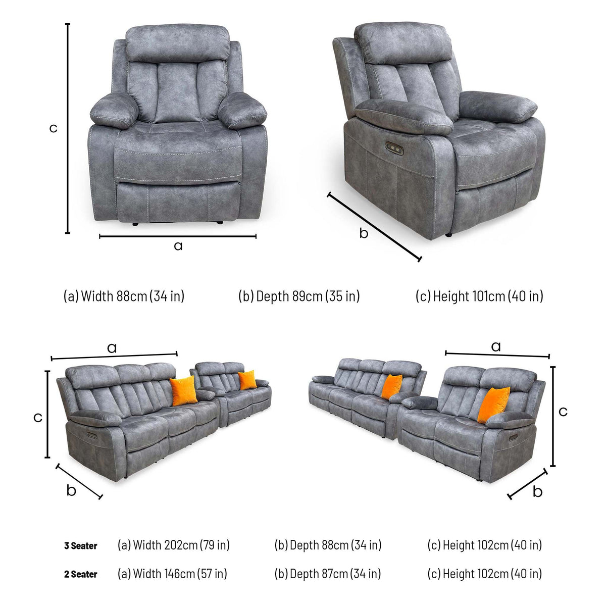 'Merrion' Dapple Charcoal Fabric 3 + 2 Seater Power Reclining Sofa Set with Drop-Down Cup Holders & Power Chair