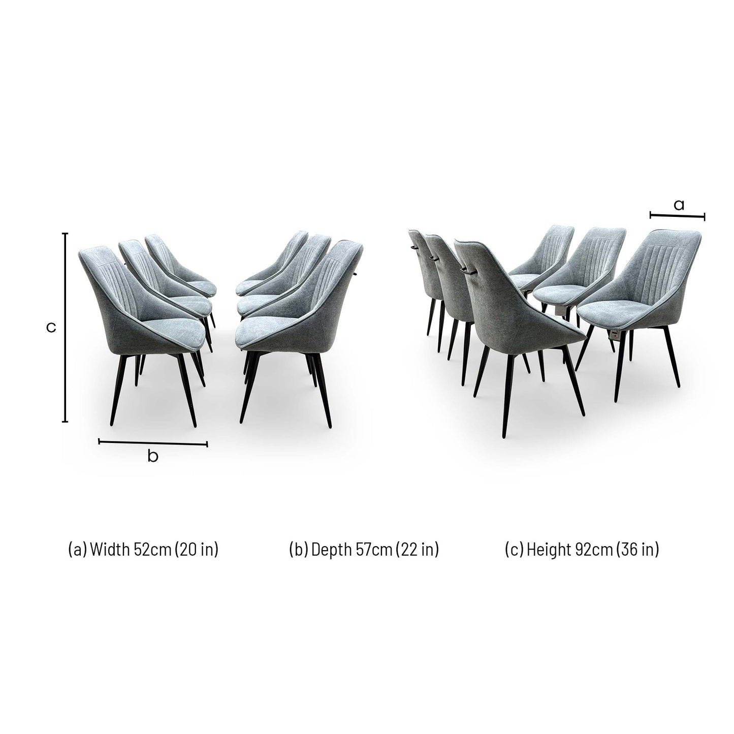 Dimensions for the 'Crete' Dark Grey Fabric Swivel Dining Chairs.