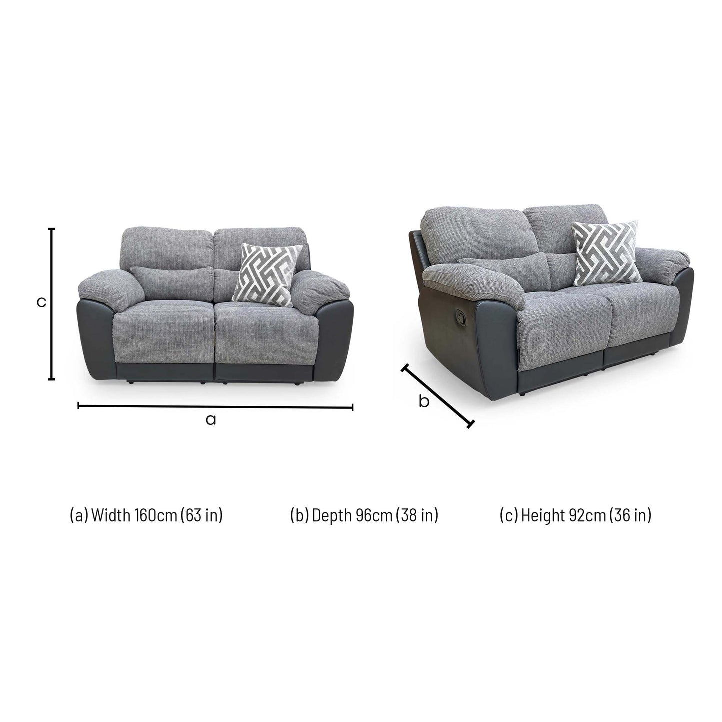 Dimensions for the 'Santori' Charcoal Fabric High Back Manual Recliner 2 Seater Sofa