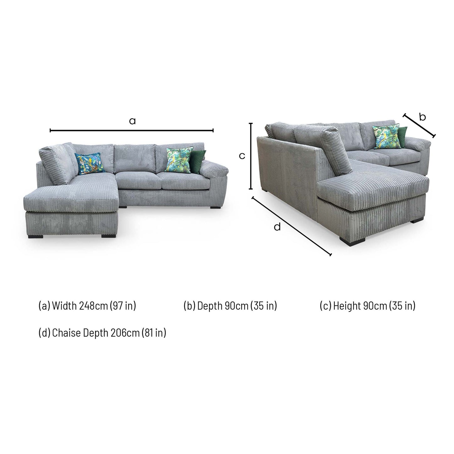 Dimensions for the 'Amalfi' Charcoal Cord Fabric Left Hand Facing Corner Chaise Sofa