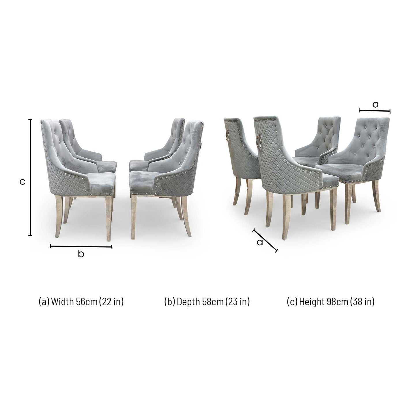 Dimensions for the Furniture Village ‘Dolce’ Grey Velvet Button Back Dining Chair.