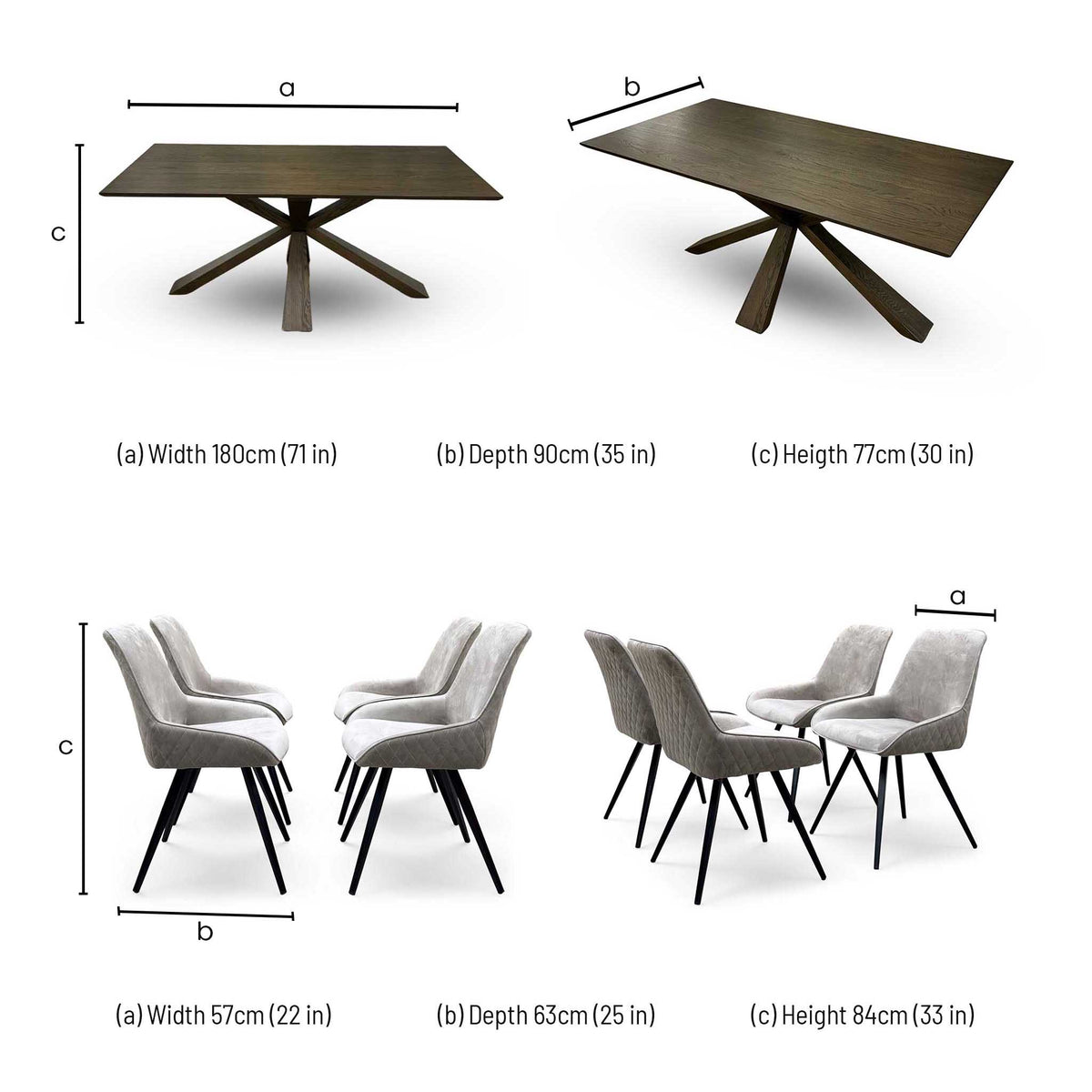 'Saigon' Dark Oak Veneer Wood Fixed Dining Table with Wooden Base & Granite Grey velvet Fabric Set of 4 Dining Chairs