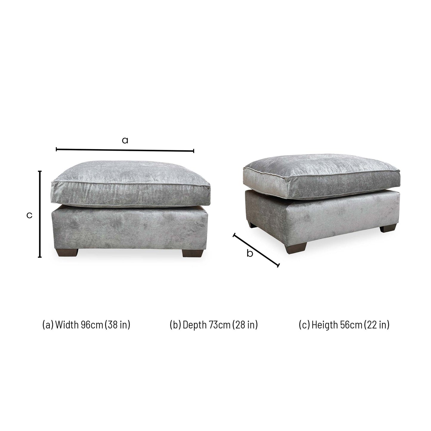 Dimensions for the ‘Rosie’ Kingston Grey Fabric Footstool.
