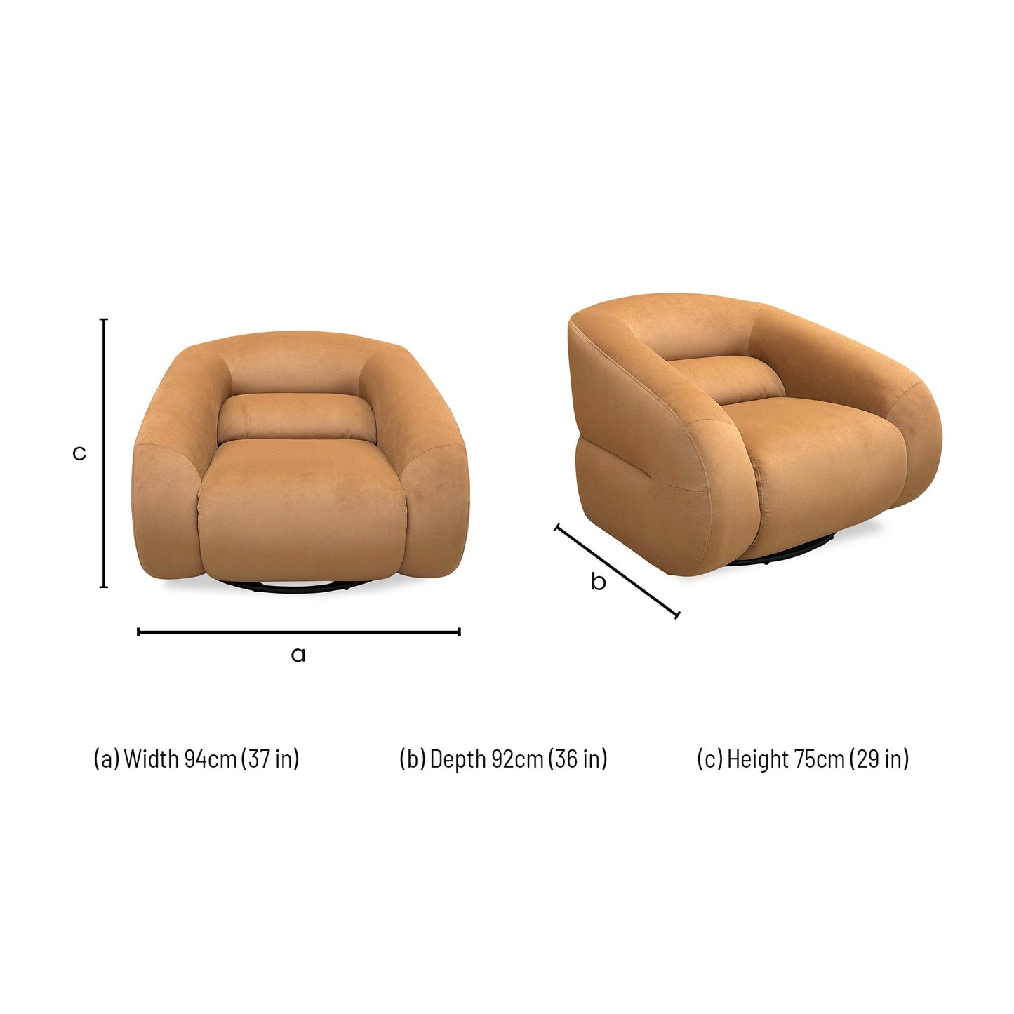 Dimensions for the ‘Joey’ Caramel Velvet Swivel Accent Chair.