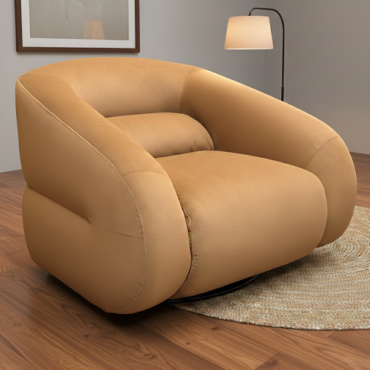 Living Room view of the caramel velvet accent chair, showcasing the plush deep-cushioned seat and contemporary curved design.