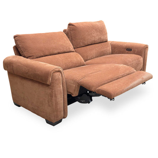 Full view of the ‘Nixon’ Fab-Can-R500 3-seater power recliner sofa in caramel fabric.