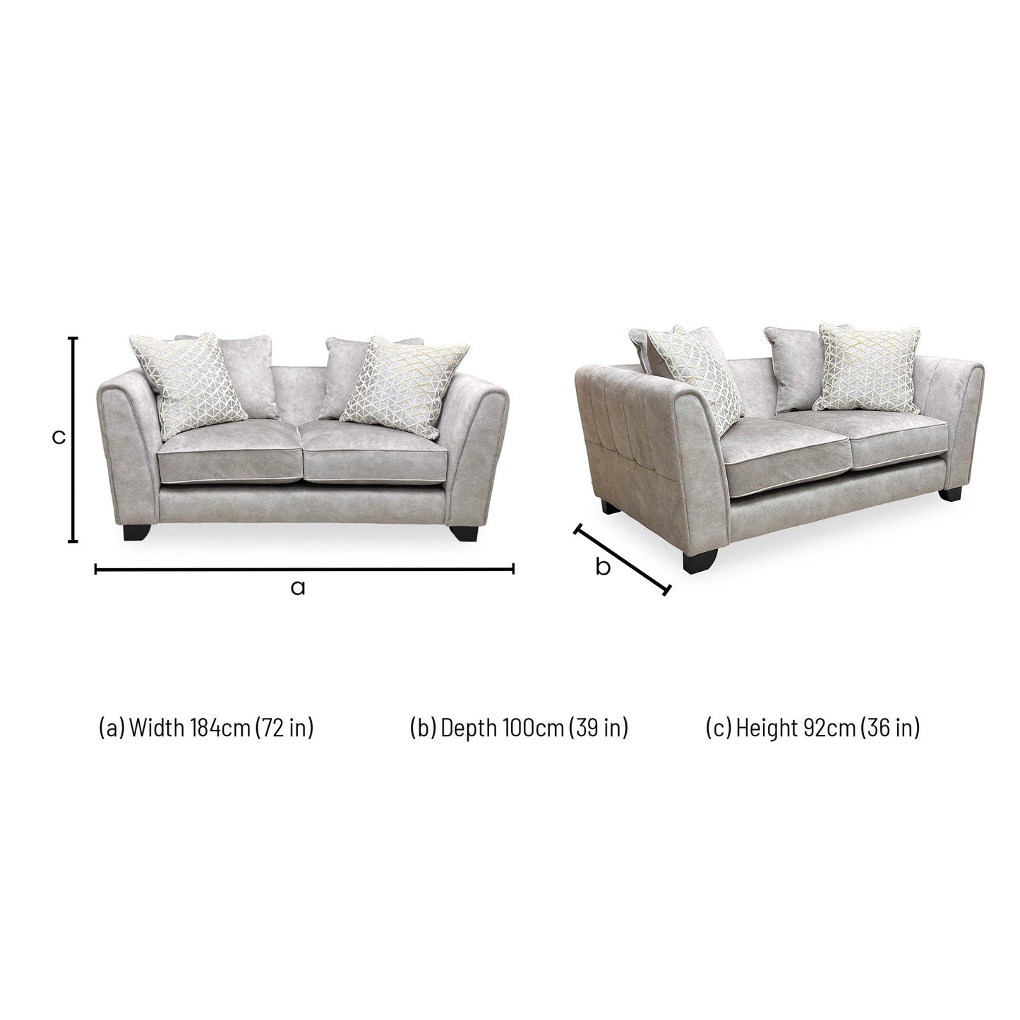 Dimensions for the Joseph James ‘Mariah’ Dapple Velvet Cream 2-Seater Scatter Back Sofa.